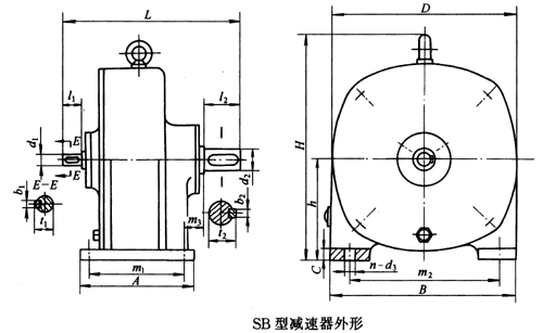 SB系列雙擺線針輪減速機外形及安裝尺寸、針齒中心圓直徑及傳動比